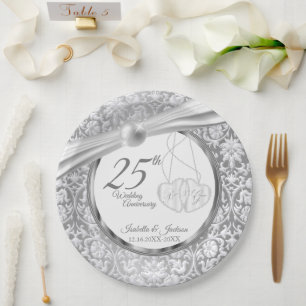 25. Hochzeitstag - Pearl White und Silver Pappteller