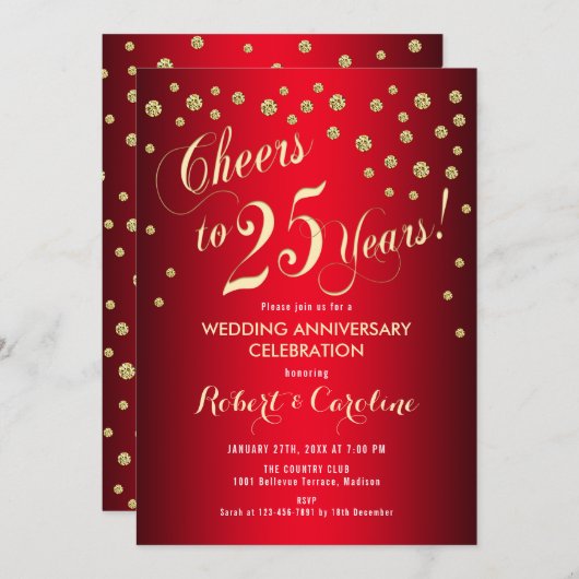 25. Hochzeitstag - Red & Gold Einladung (Vorne/Hinten)