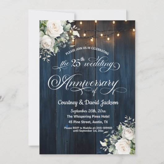 25. Hochzeitstag Rustikale blaue Saitenleuchten Einladung (Vorderseite)
