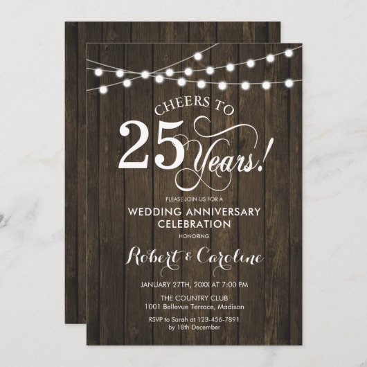 25. Hochzeitstag - Rustikales Holz Einladung (Vorne/Hinten)