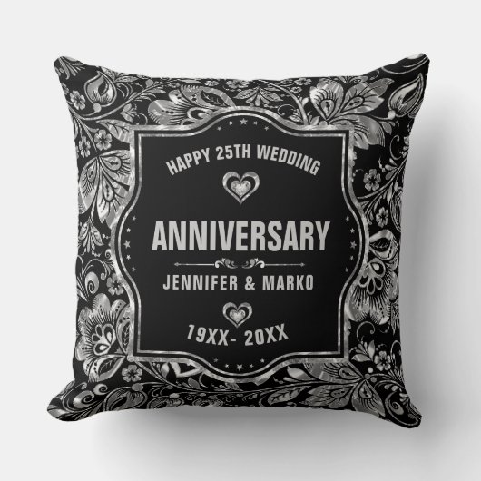 25. Hochzeitstag Schwarz und Silber Design Kissen (Vorderseite)