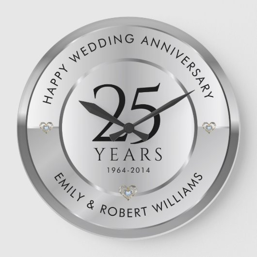 25. Hochzeitstag, schwarz und silber Große Wanduhr (Vorderseite)