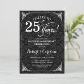 25. Hochzeitstag - Schwarz-weißer Damast Einladung (Stehend Vorderseite)