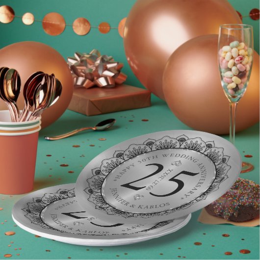 25. Hochzeitstag schwarze Spitze & Gold Pappteller (Multi)