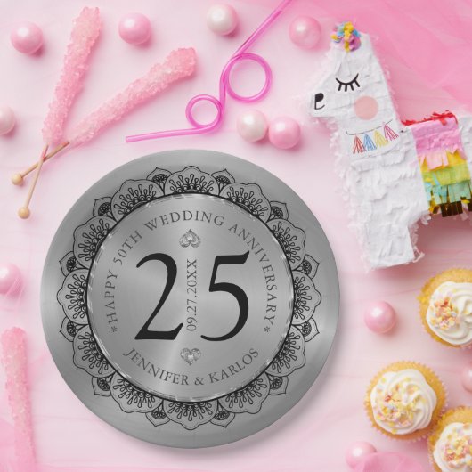 25. Hochzeitstag schwarze Spitze & Gold Pappteller (Party)