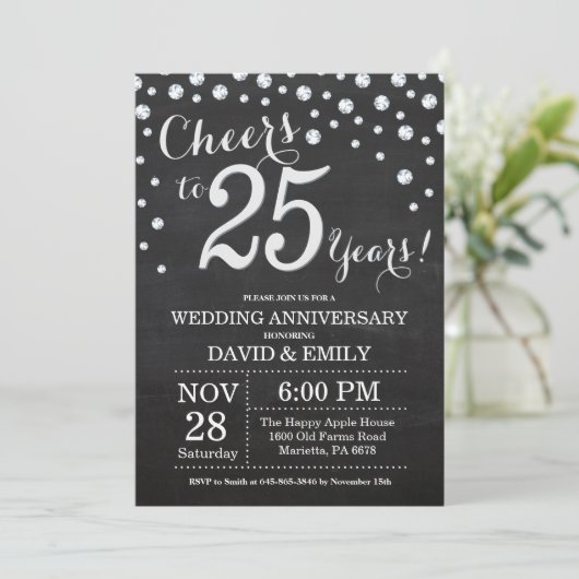 25. Hochzeitstag Schwarzes Silber Chalkboard Einladung (Stehend Vorderseite)