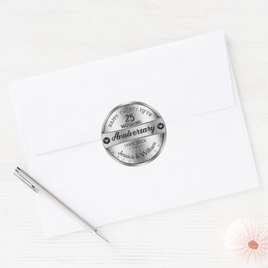 25. Hochzeitstag Shiny Silver Text Design Runder Aufkleber (Umschlag)
