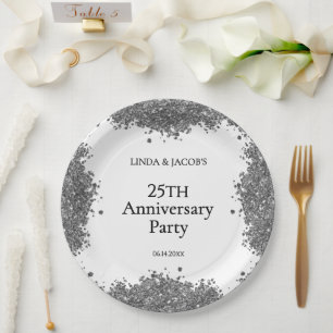 25. Hochzeitstag Silber-Faux-Glitter Pappteller