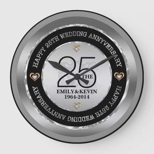 25. Hochzeitstag-Silber u. Schwarzes Große Wanduhr (Vorderseite)