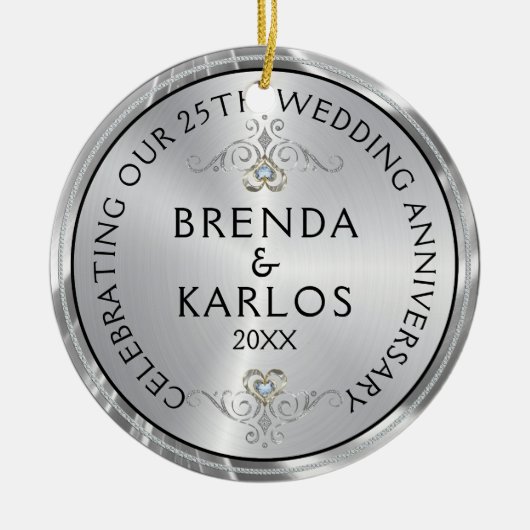 25. Hochzeitstag - Silberdiamanten Keramik Ornament (Vorne)