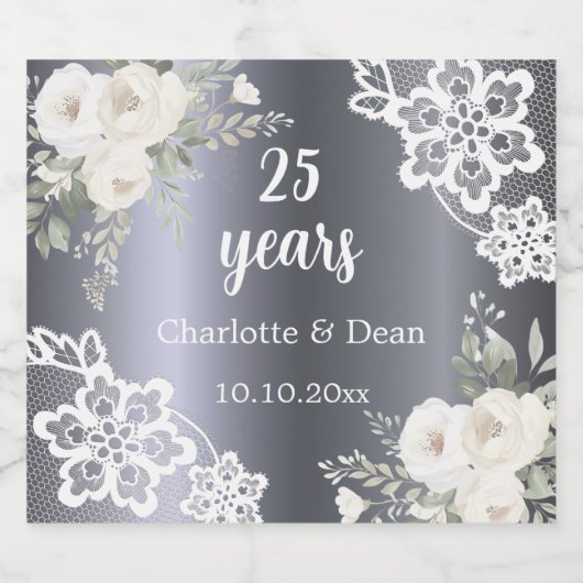 25. Hochzeitstag Silberfloralen Schaumweinetikett (Einzelnes Label)