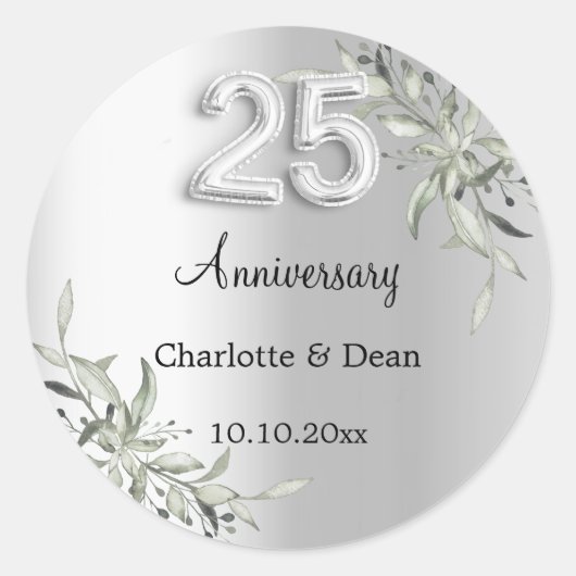 25. Hochzeitstag Silbergrün Runder Aufkleber (Vorderseite)