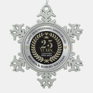 25. Hochzeitstag - Silbermedaille und Glitzer Schneeflocken Zinn-Ornament