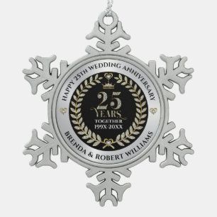 25. Hochzeitstag - Silbermedaille und Glitzer Schneeflocken Zinn-Ornament