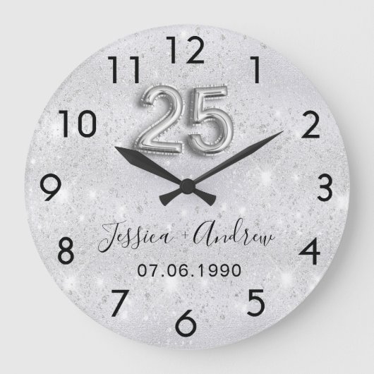 25. Hochzeitstag Silberner Glitzer Große Wanduhr (Vorderseite)