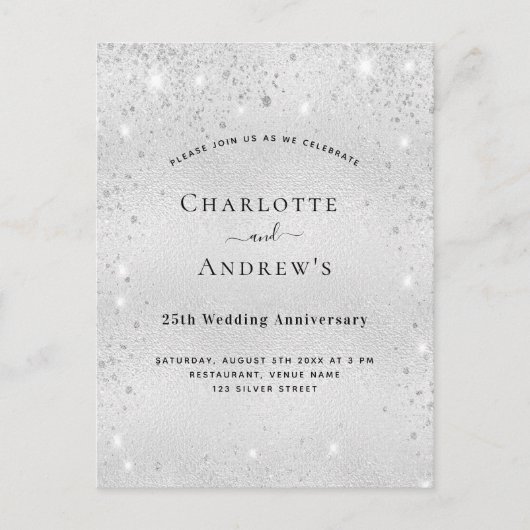 25. Hochzeitstag Silberner Glitzer Party Einladungspostkarte (Vorderseite)