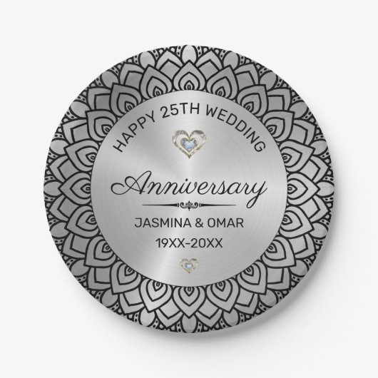 25. Hochzeitstag Silver & Black Mandala Pappteller (Vorderseite)