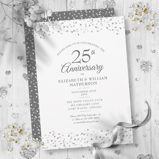 25. Hochzeitstag Silver Hearts Confetti Einladung