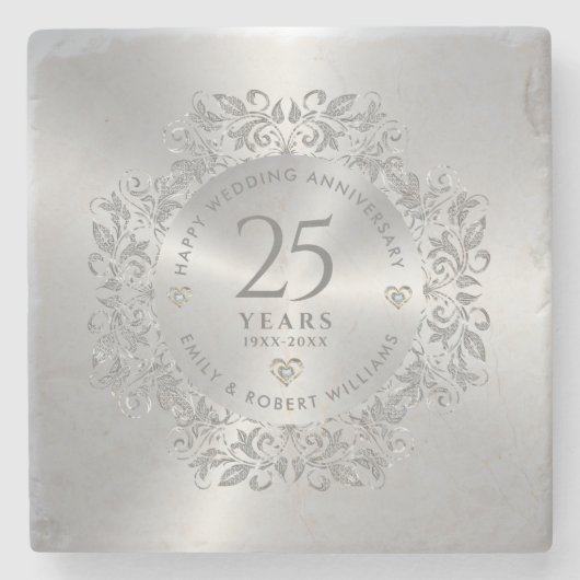25. Hochzeitstag Silver Sparkling Frame Steinuntersetzer (Vorderseite)