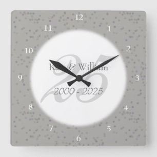 25. Hochzeitstag Silver Stardust Confetti Quadratische Wanduhr