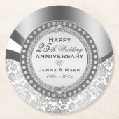 25. Hochzeitstag Weißer & Silberner Damaskus Runder Pappuntersetzer (Vorderseite)