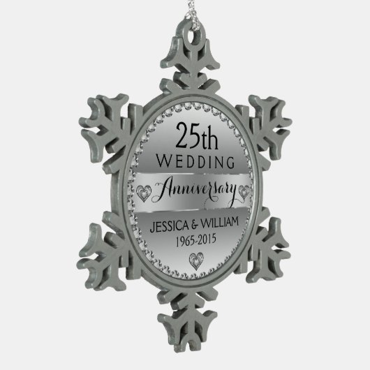 25. Hochzeitstag White Diamonds & Silver Schneeflocken Zinn-Ornament (Links)
