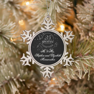 25 Jahre zusammen Silver Wedding Anniversary Black Schneeflocken Zinn-Ornament