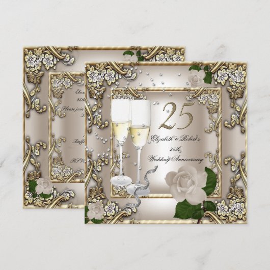 25. Jahrestag Hochzeit Creme Gold Rose Silver Einladung (Vorne/Hinten)
