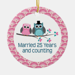 25. Jahrestags-Eulen-Hochzeitstag-Geschenk Keramik Ornament