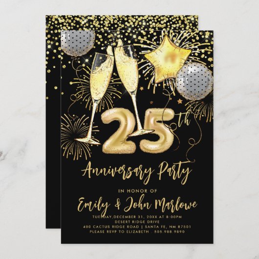 25-jähriges Jubiläum Gold Glitzer Confetti Champag Einladung (Vorne/Hinten)