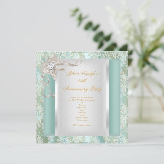 25. Jubiläum Aquamarin Damask Silver White 2 Einladung (Stehend Vorderseite)
