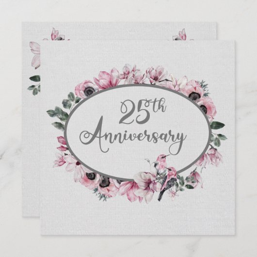 25. Jubiläum Aquarellfarbe Rosa Blume und Vögel Einladung (Vorne/Hinten)