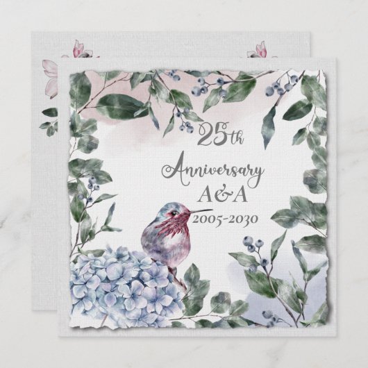 25. Jubiläum Aquarellfarbe Rosa Blume und Vögel Einladung (Vorne/Hinten)