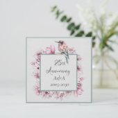 25. Jubiläum Aquarellfarbe Rosa Blume und Vögel Einladung (Stehend Vorderseite)