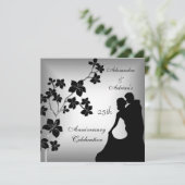25. Jubiläum Asiatisches Schwarzes Silber Blumenpa Einladung (Stehend Vorderseite)