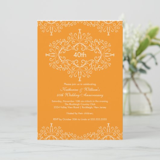 25. Jubiläum Damask Einladung Orange White (Stehend Vorderseite)