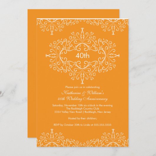 25. Jubiläum Damask Einladung Orange White (Vorne/Hinten)