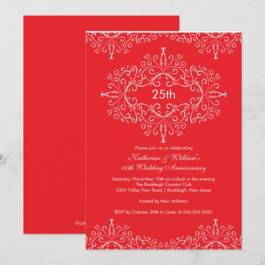 25. Jubiläum Damask Einladung Red White (Vorne/Hinten)