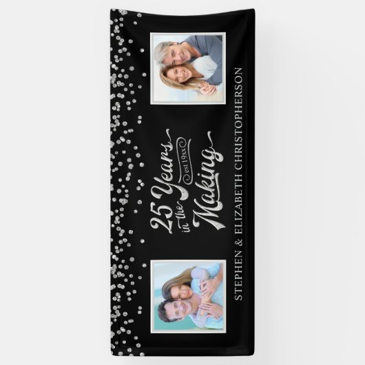 25. Jubiläum Dann & Jetzt Fotos Silver Confetti Banner (Vertikal)