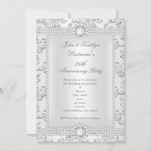 25. Jubiläum Diamond Rose Damask Silver lang Einladung (Vorderseite)