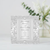 25. Jubiläum Diamond Rose Damask Silver White Einladung (Stehend Vorderseite)