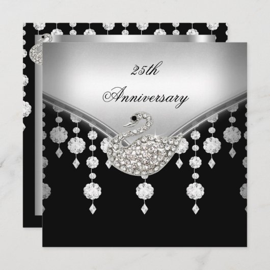 25. Jubiläum Elegant Silver Schwarz-weiß Swan Einladung (Vorne/Hinten)