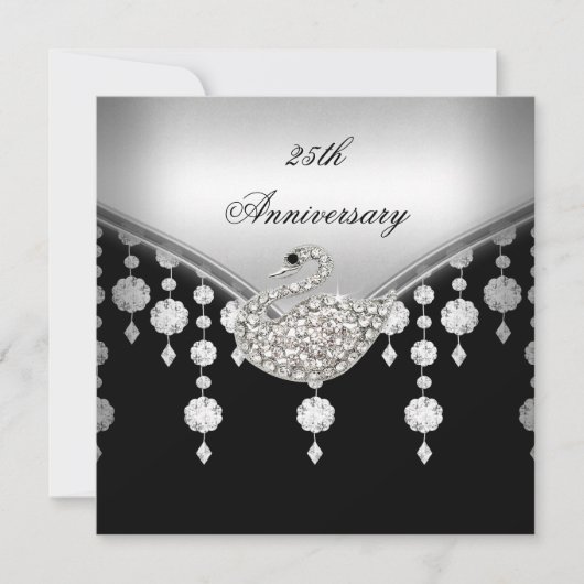 25. Jubiläum Elegant Silver Schwarz-weiß Swan Einladung (Vorderseite)
