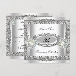 25. Jubiläum Elegant Weiß Silber Perlen Spitze 2 Einladung