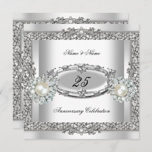 25. Jubiläum Elegant White Silver Pearl Lace 2 Einladung (Vorne/Hinten)