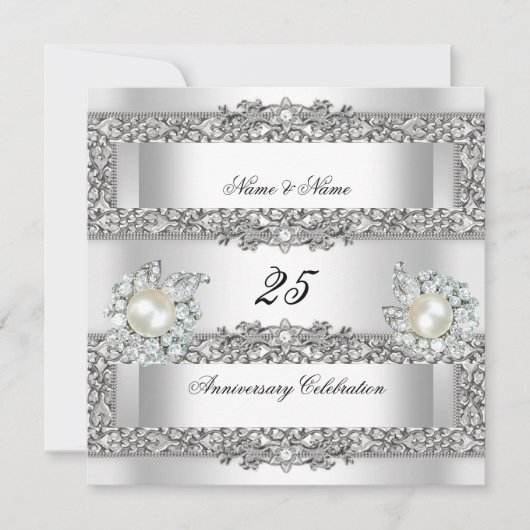 25. Jubiläum Elegant White Silver Pearl Lace Einladung (Vorderseite)