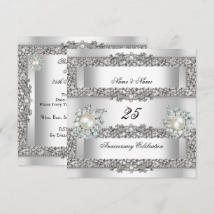 25. Jubiläum Elegantes Weiß Silber Perlen Spitze Einladung