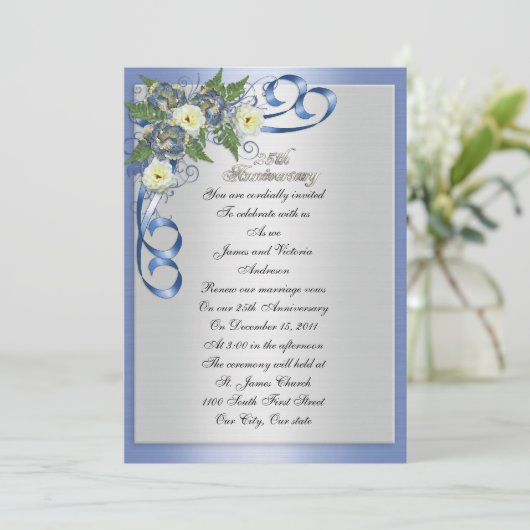 25. Jubiläum Erneuerung elegante Blumen Einladung (Stehend Vorderseite)