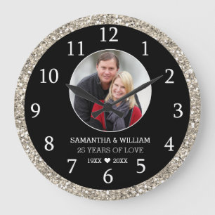 25. Jubiläum Foto Black and Silver Glitzer Große Wanduhr