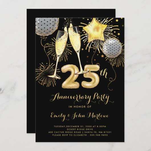 25. Jubiläum Gold Black Balloons Champagne Einladung (Vorne/Hinten)